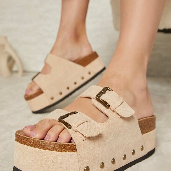 Apricot Fashionable Women's Open Toe Double Buckle Footbed Sandals - Picture 4 of 4